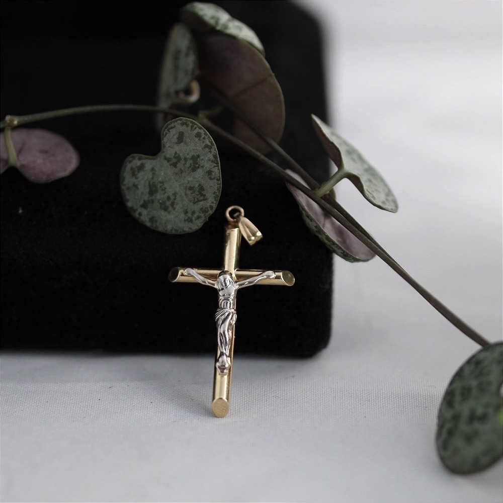 14k Two Tone Yellow and White Gold Crucifix Cross Pendant Religious Charm